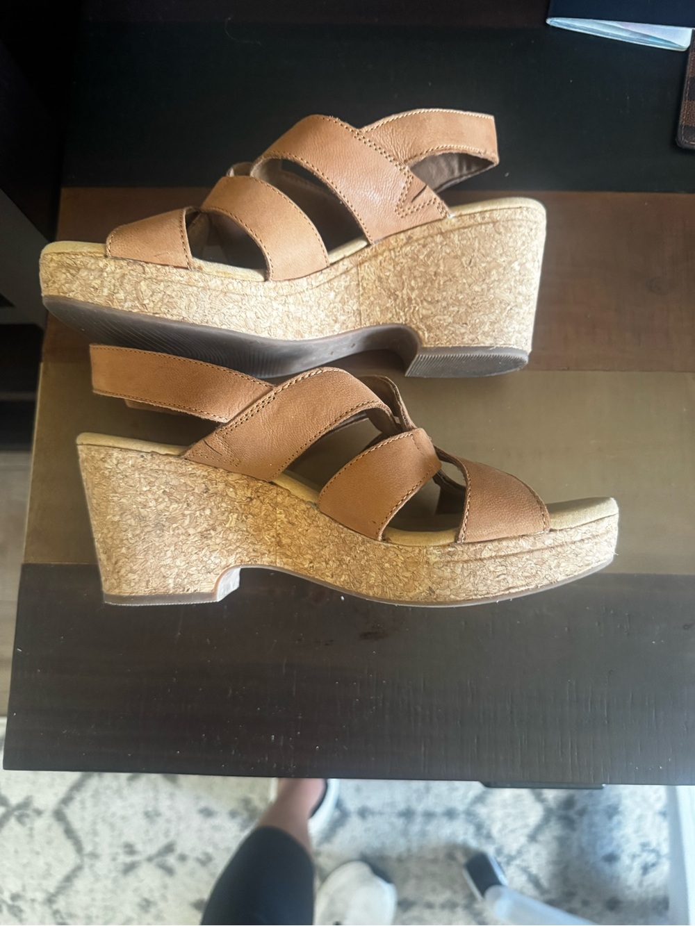 Clarks Brown Cork Wedge Sandals - Strappy Slide